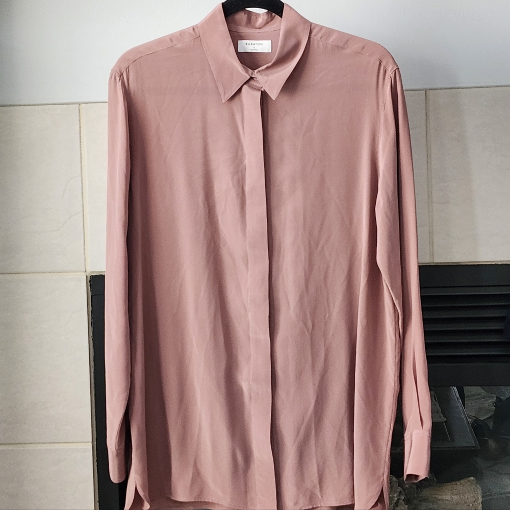 Aritzia Babaton Pink Shirt, 100% Silk Button Down Blouse, Women's Size S